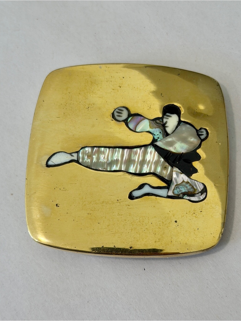 Vintage Gold-Tone Belt Buckle with Mother-of-Pearl Inlaid Martial Artist